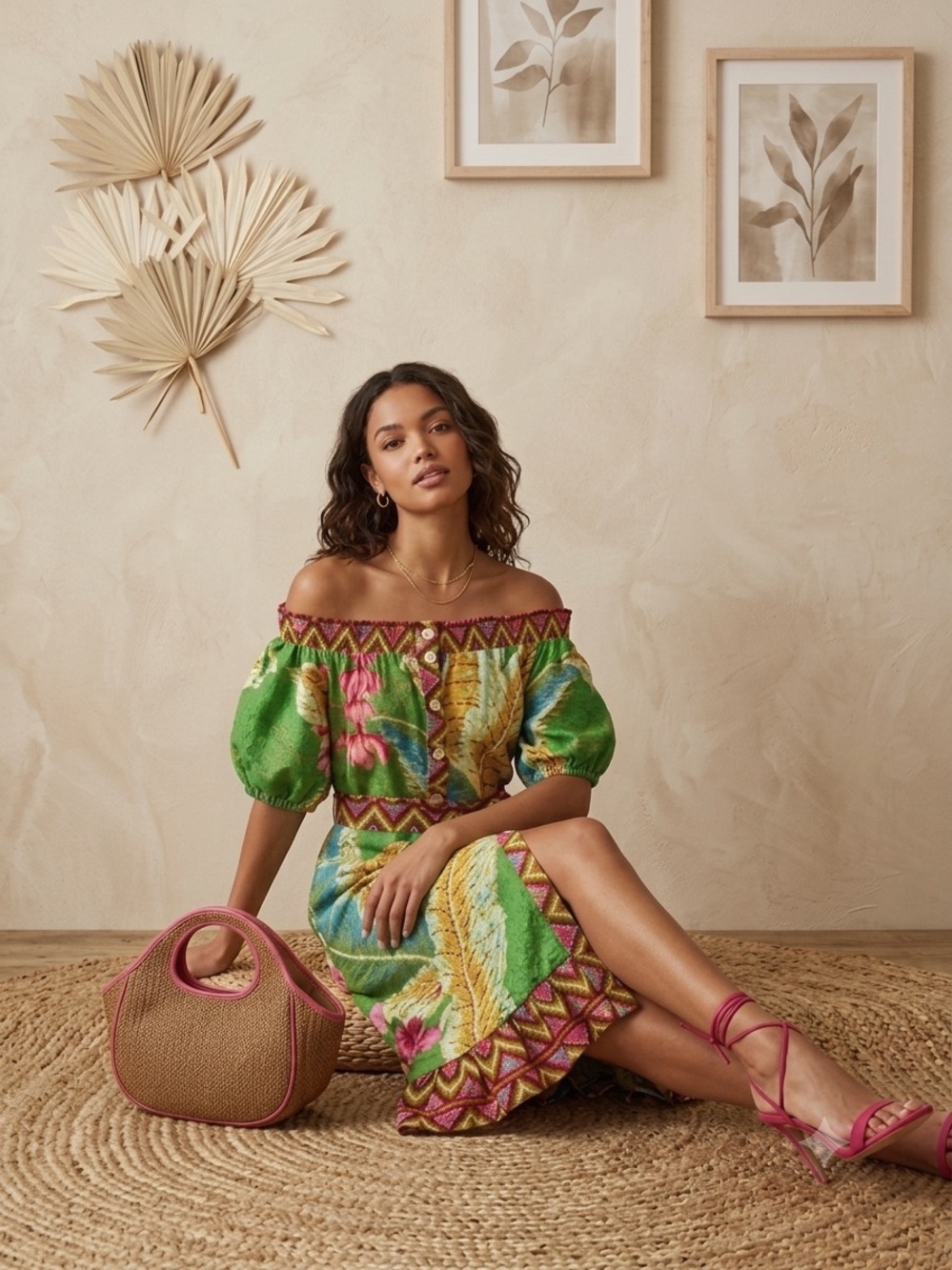 Farm Rio Banana Leaves Off Shoulder Midi Dress Small Linen Blend NWT